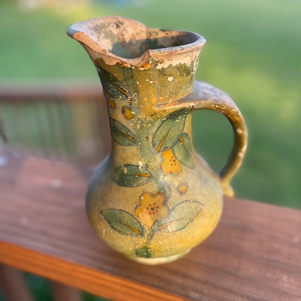 Vintage Hand Painted Folk Art Pottery Pitcher